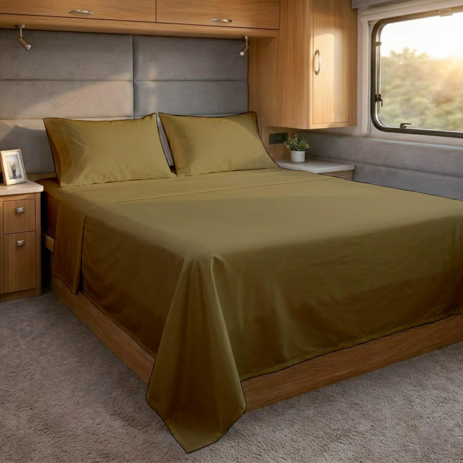 Kurzes Queensize-Bettlaken für Wohnmobile, kurzes aus Baumwolle 4-teiliges Baumwoll-Bettwäsche-Set bis zu 38,1 cm Tiefe Matratzen: 152,4 x 190,5 cm, Taupe massiv