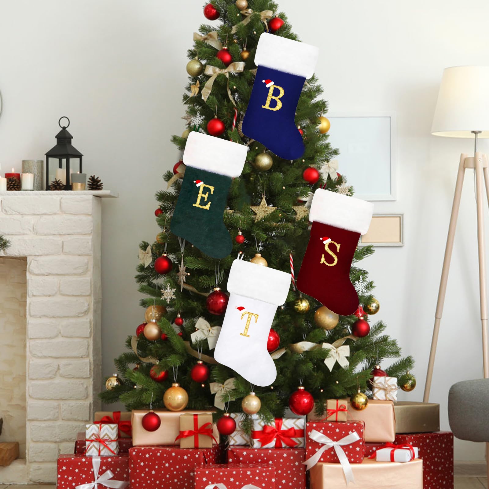 20 Inches Monogram Christmas Stockings Red Velvet with White Super Soft Plush Cuff Embroidered Xmas Stockings Classic Personalized Stocking Decorations for Family Holiday Season Decor(Letter M)