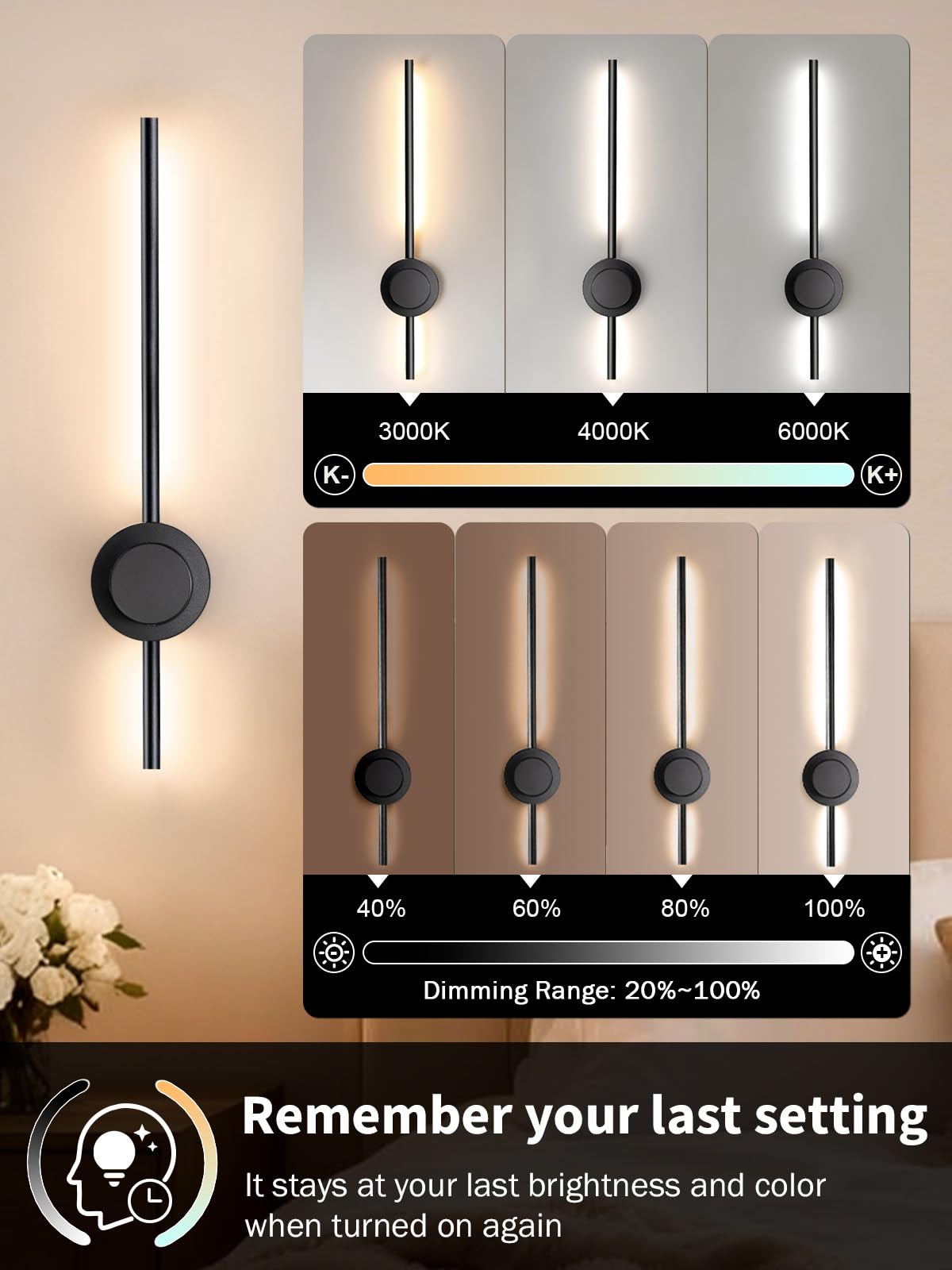 Kabellose Wandleuchter 2er Set, Wiederaufladbare Wandleuchten, Batteriebetrieben 5000mAh, 3 CCT Dimmbar, Timer Fernbedienung Wandlampen für Schlafzimmer, Wohnzimmer (70.1 cm Schwarz)