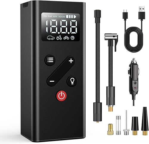 Compresor de aire portátil para inflador de neumáticos, mini bomba de aire eléctrica inalámbrica con manómetro digital inteligente y luz LED para