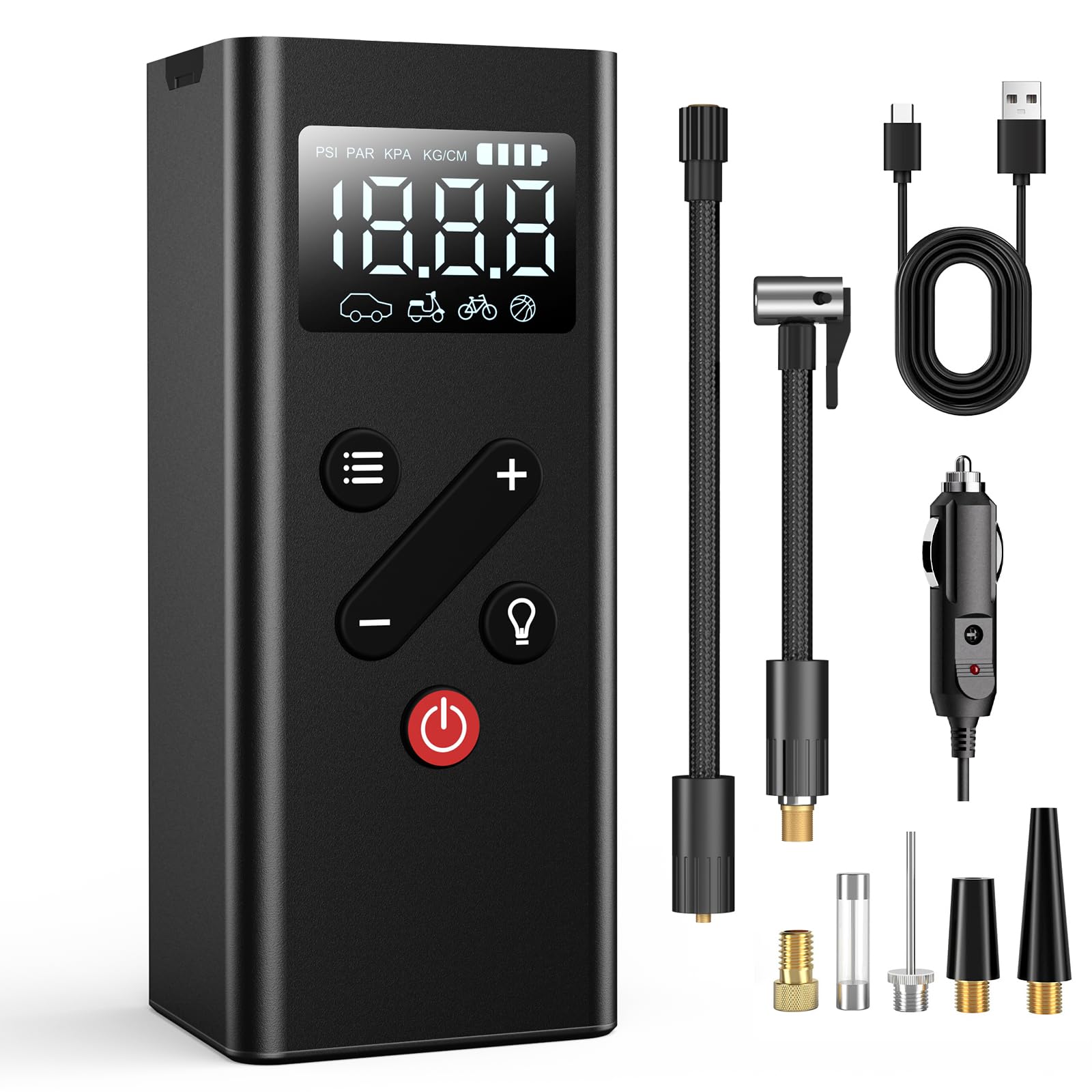 TlinTic Tire Inflator Portable Air Compressor - Mini Electric Cordless Air Pump with Smart Digital Pressure Gauge & LED Light for Car, Bike, Motorcycle, Balls, Pool Floats, 150 PSI (Black)
