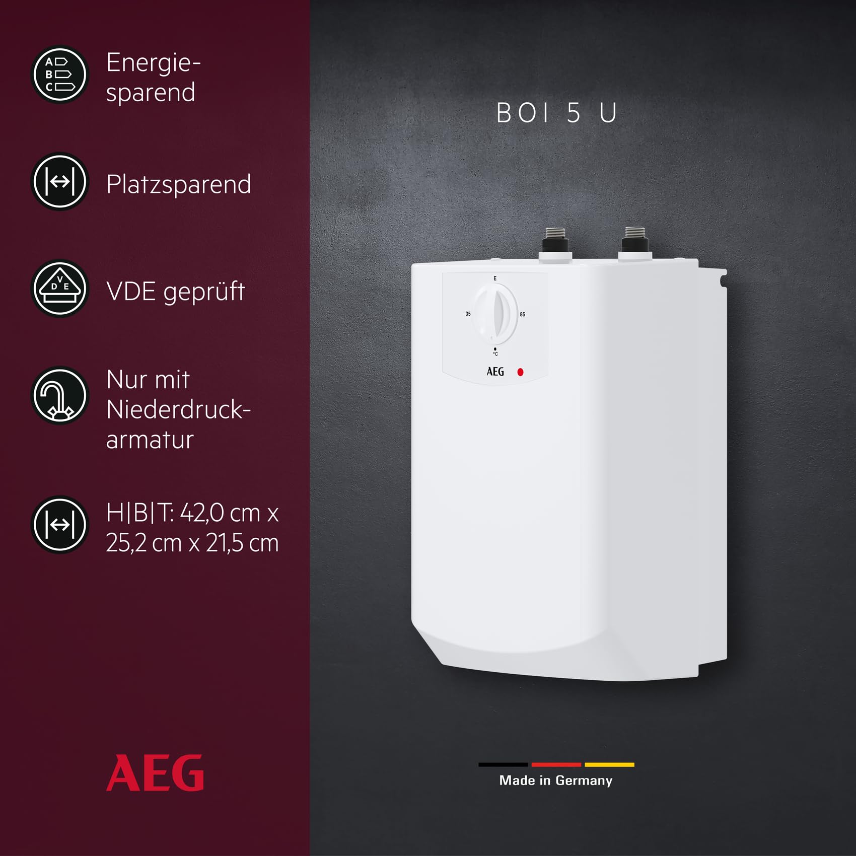 AEG Boiler BOI 5 U, Untertischboiler 5 Liter Niederdruck mit Stecker 230V für Küchenspüle oder Waschbecken, energie- und platzsparend, 2 kW, Made in Germany, VDE geprüft