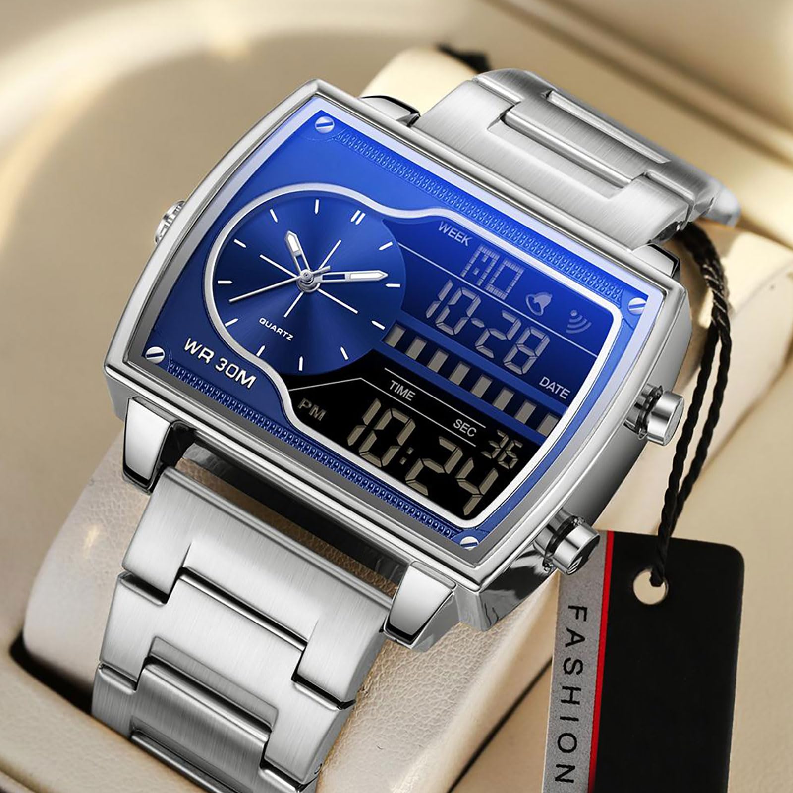findtime Herrenuhr Rechteckig Retro Luxuriöse Armbanduhr Herren Digital Analog Quarz Klassische Business Leger DREI Zeitzone Wasserdicht Beleuchted Große Zifferblatt für Männer Gold