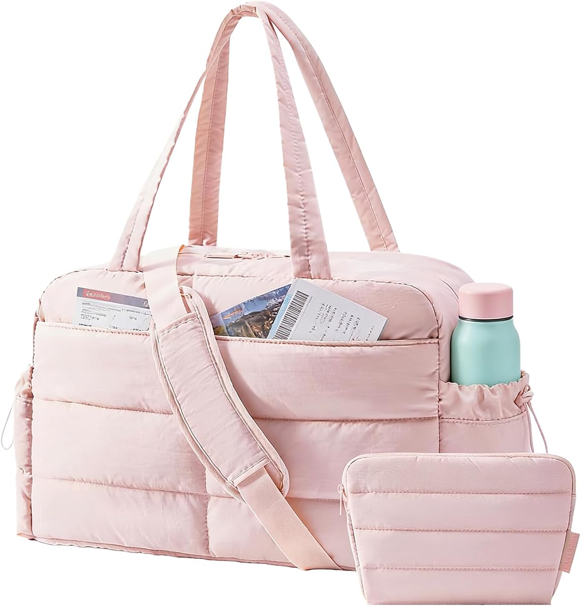 Gym Bag for Women, Lightweight Puffer Duffle Bag 2-PC Travel Bag, 31L Weekender Overnight Bag Quilted Carry On Tote Bag, Diaper Hospital Dance Bag for Travel, Gym, Water Resistant, Pink