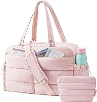 BAGSMART Lightweight Puffer Gym Bag for Women - 31L Water-Resistant Carry-On Weekender Duffle with Toiletry Bag, Pink Quilted Tote