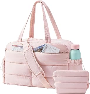 BAGSMART Lightweight Puffer Gym Bag for Women - 31L Water-Resistant Carry-On Weekender Duffle with Toiletry Bag, Pink Quilted Tote