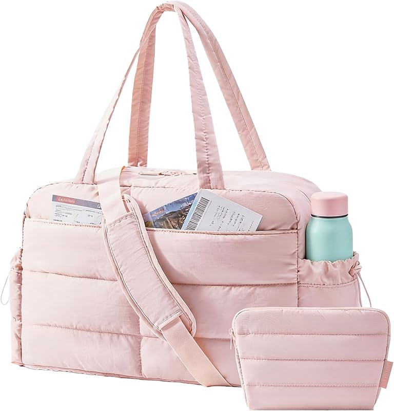 Gym Bag for Women, Lightweight Puffer Duffle Bag 2-PC Travel Bag, 31L Weekender Overnight Bag Quilted Carry On Tote Bag, Diaper Hospital Dance Bag for Travel, Gym, Water Resistant, Pink