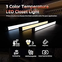 Vista 8 de LED Closet Light, 1 Pack 44 LEDs Under Cabinet Lights with 3 Color, Dimmable Indoor Motion Sensor Light, USB Rechargeable Battery Operated Lights