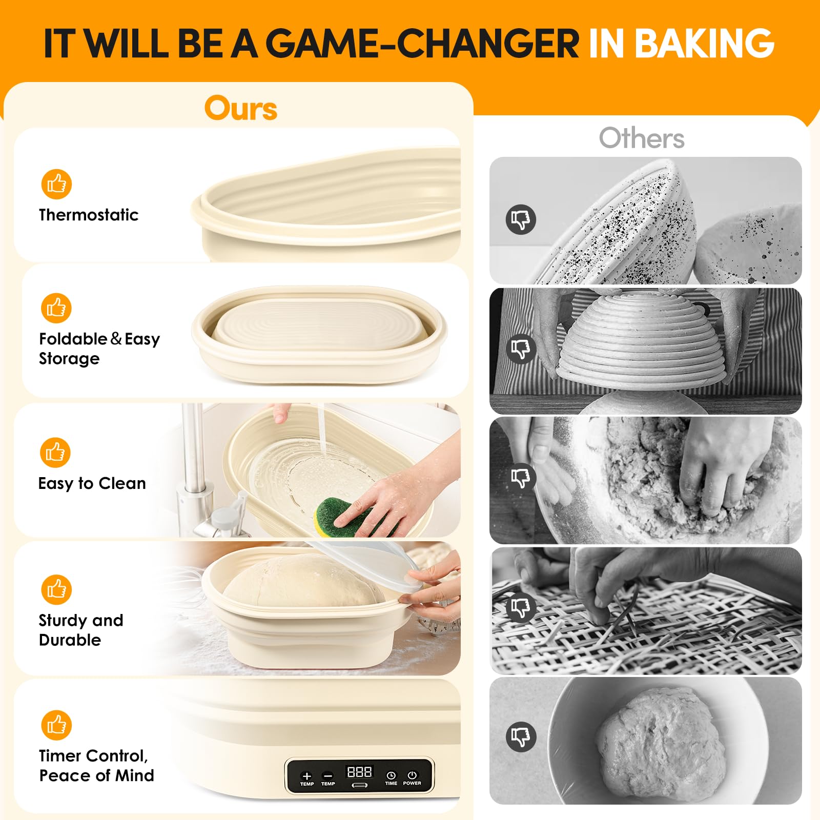 Calentador de masa madre premium con cuenco plegable de silicona para cocina: esencial para hornear en casa con compatibilidad con tarro Weck y tapete de calefacción para fermentación controlada