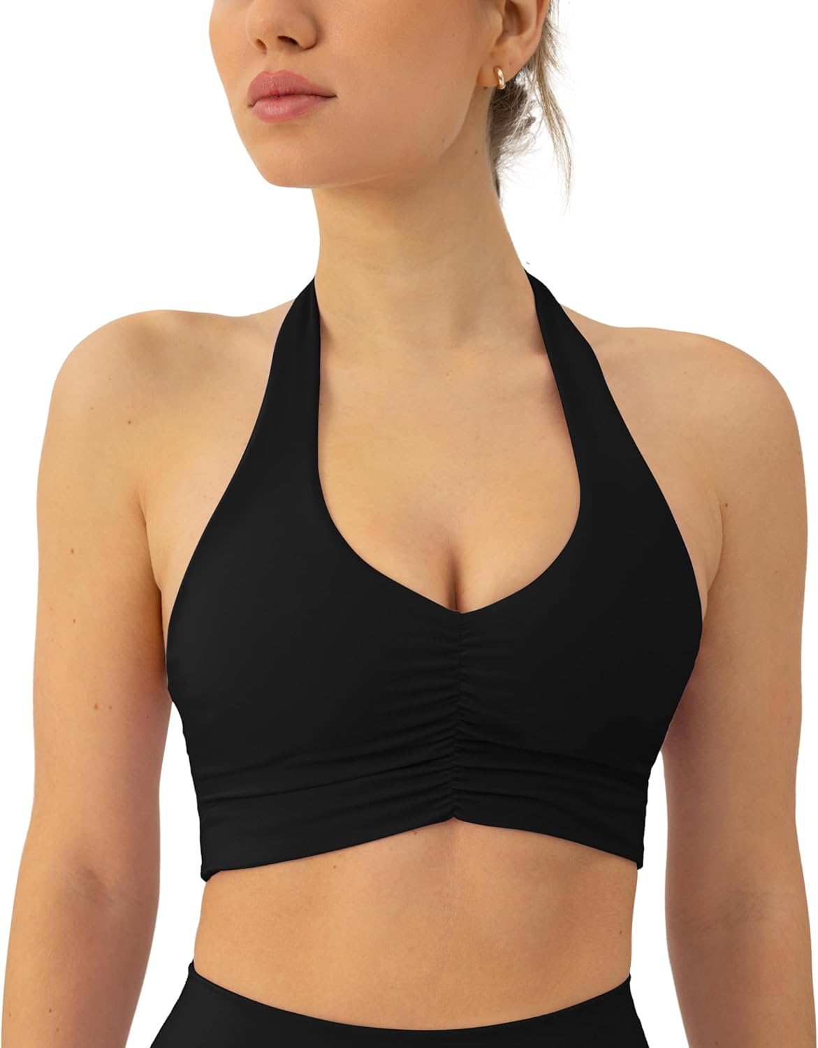 PAVOI ACTIVE Ruching Workout Halter Bra for Women - Low Support V Neck Yoga Backless Sports Bra Padded Halter Top - FlexFlow