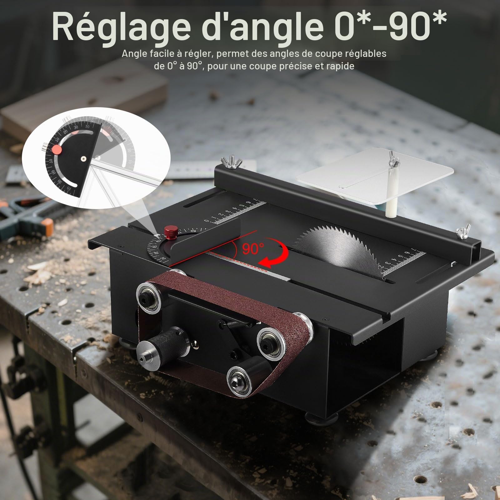 Mini scie circulaire de table et ponceuse à bande, scie circulaire avec angle de coupe réglable 0‑90°, mini poste de travail électrique pour bricolage DIY bois, 4 lames, lame de scie 30 mm, noir