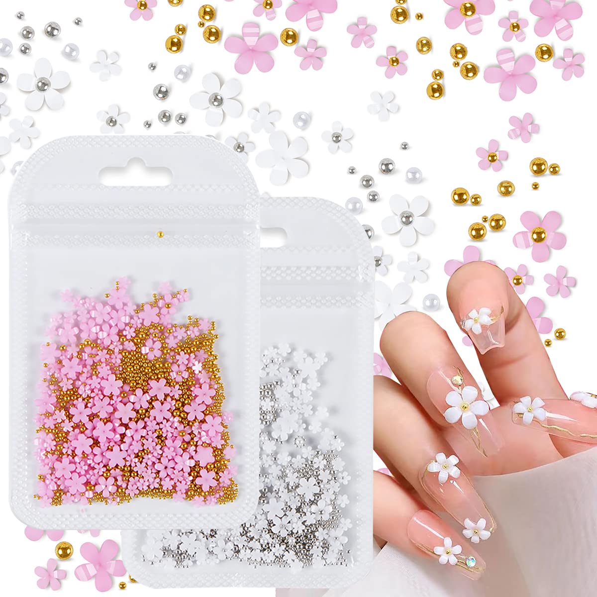 400Pcs 3D Flower Caviar Beads Nail Art Decals Charms for Nails, 3D Acrylic Flower
