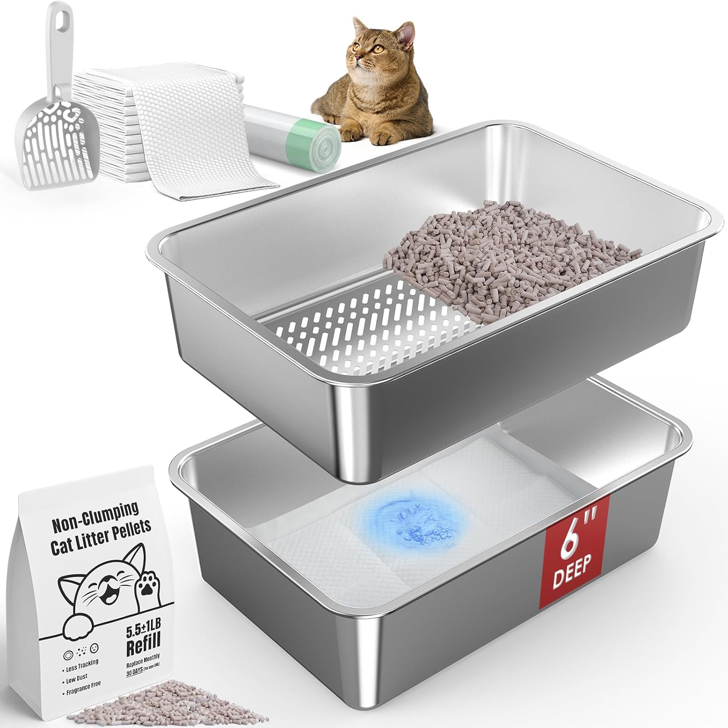 19.7''x13.7''x6'' Suzzipaws Stainless Steel Sifting Litter Box, Metal Cat Litter Box for Big Cats, Sifting Litter Pan Tray for Non-Clumping Litter, Easy Cleaning, with Zeolite Cat Litter Pellets 19.6''x13.7''x6''