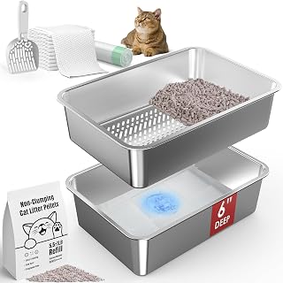 19.7''x13.7''x6'' Suzzipaws Stainless Steel Sifting Litter Box, Metal Cat Litter Box for Big Cats, Sifting Litter Pan Tray for Non-Clumping Litter, Easy Cleaning, with Zeolite Cat Litter Pellets