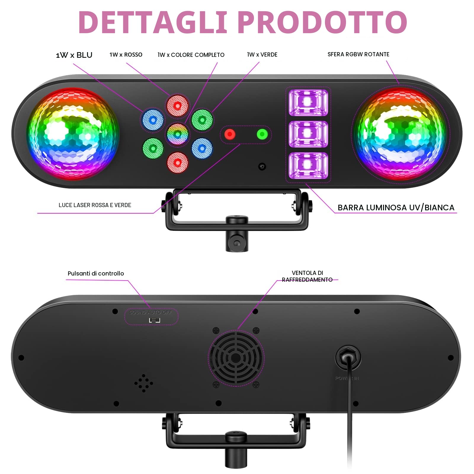 Luci DJ con supporto, set luci bar 5 in 1 per feste con sfera rotante, strobo, UV, luce par LED colorata e motivo, sistema di illuminazione DJ attivato dal suono per discoteche, concerti, band,