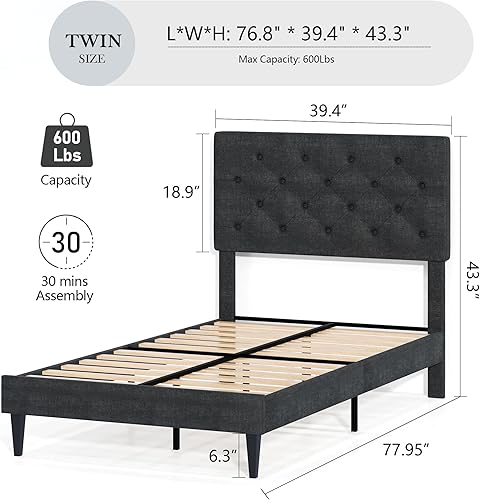 Miniatura 138 de BarnFurin Base de cama de tamaño matrimonial con cabecero, cama de plataforma tapizada con cabecera capitonada con botones ajustables, marco de cama