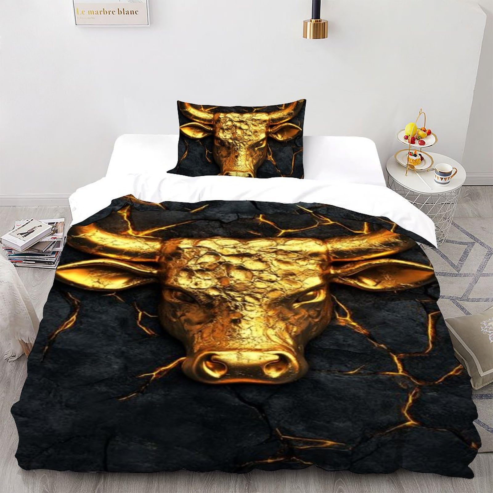 Housse de couette 135x200 vache d'or literie microfibre animaux land 3D taies d'oreiller