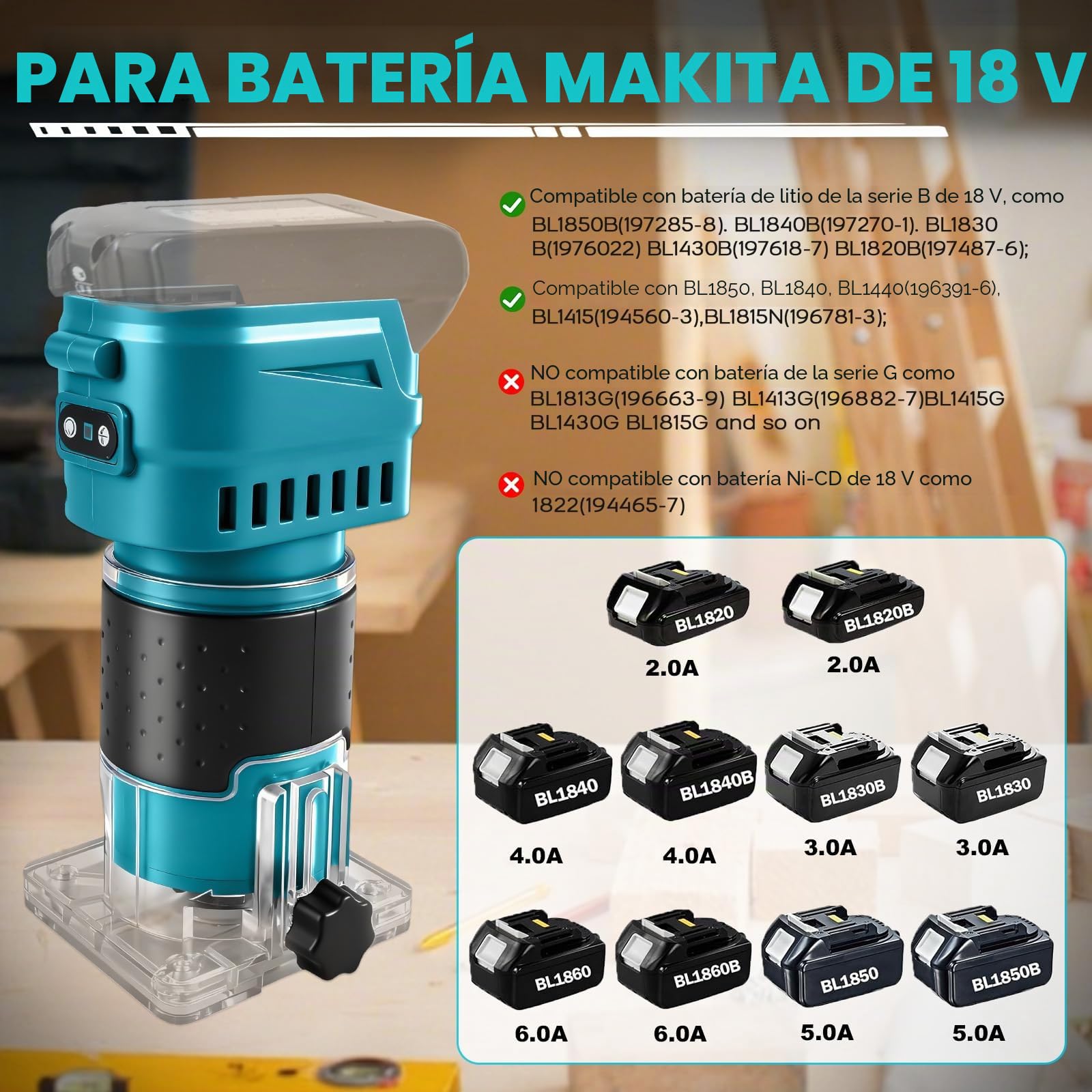 Fresadora inalámbrica compatible con batería Makita de 18 V, 850 W, 30.000 rpm, cortador de madera sin escobillas con 6 velocidades para trabajar la madera con 15 fresas de 1/4" (sin batería)