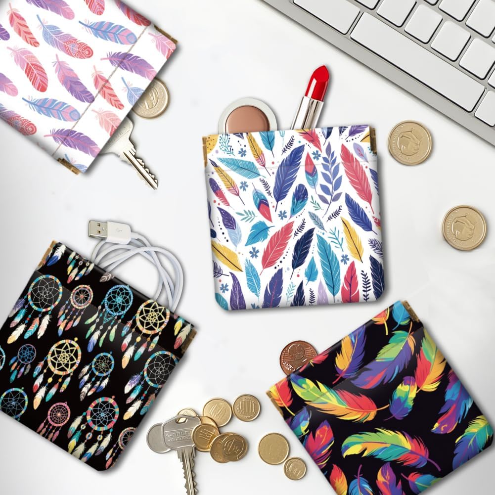 Peacoblue Bohemia Feathers Coin Purse,PU Leather Squeeze Pouch 4PCS