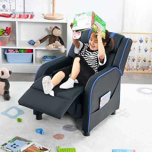 Miniatura 12 de Costzon Silla reclinable para niños, silla reclinable para juegos con bolsillos laterales, reposapiés, reposacabezas y soporte lumbar para rosado,