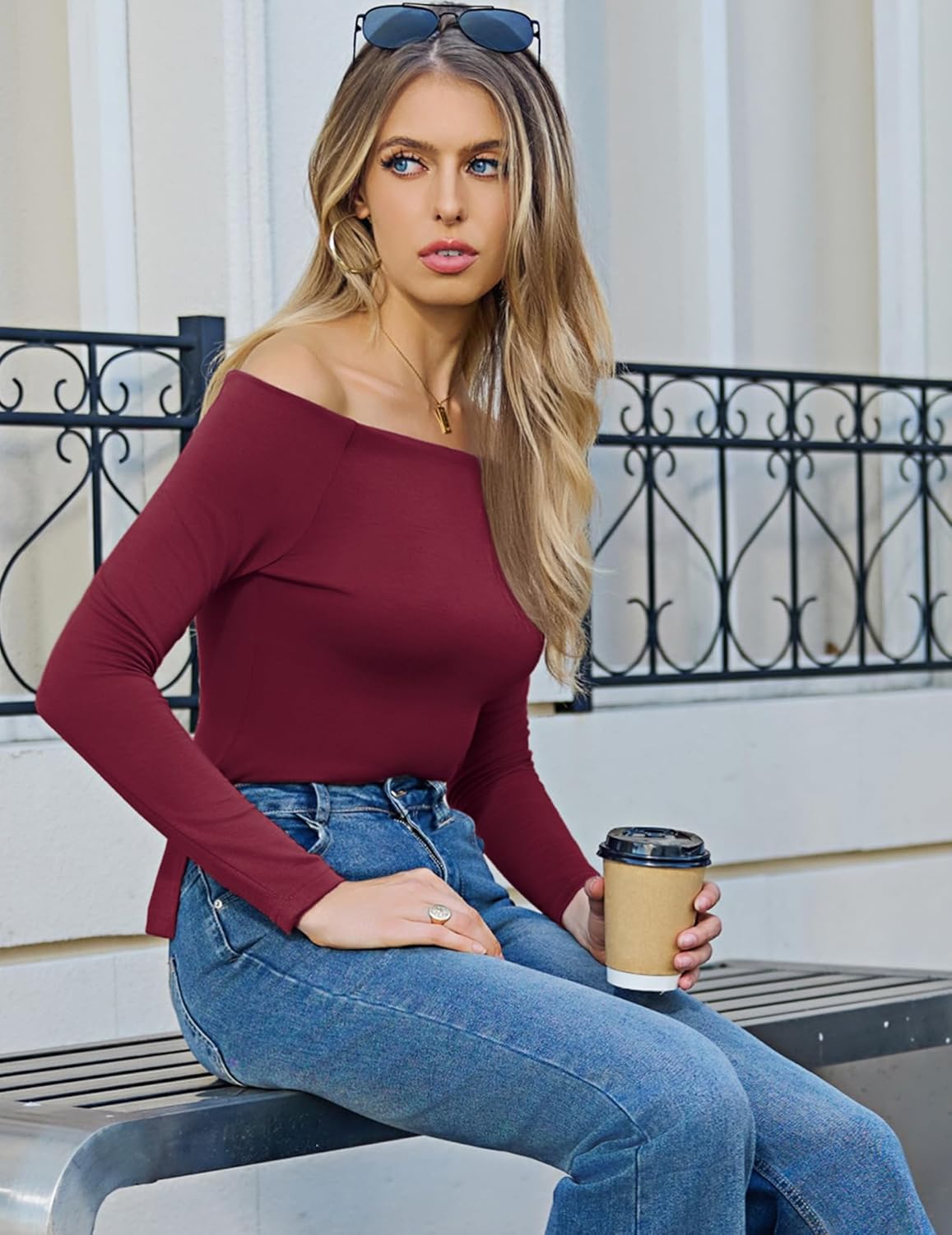 Totatuit Womens Off Shoulder Tops Long Sleeve Cute T Shirt Going Out Tee Y2K Fall Fashion 2025 Outfits Clothes - Image 6