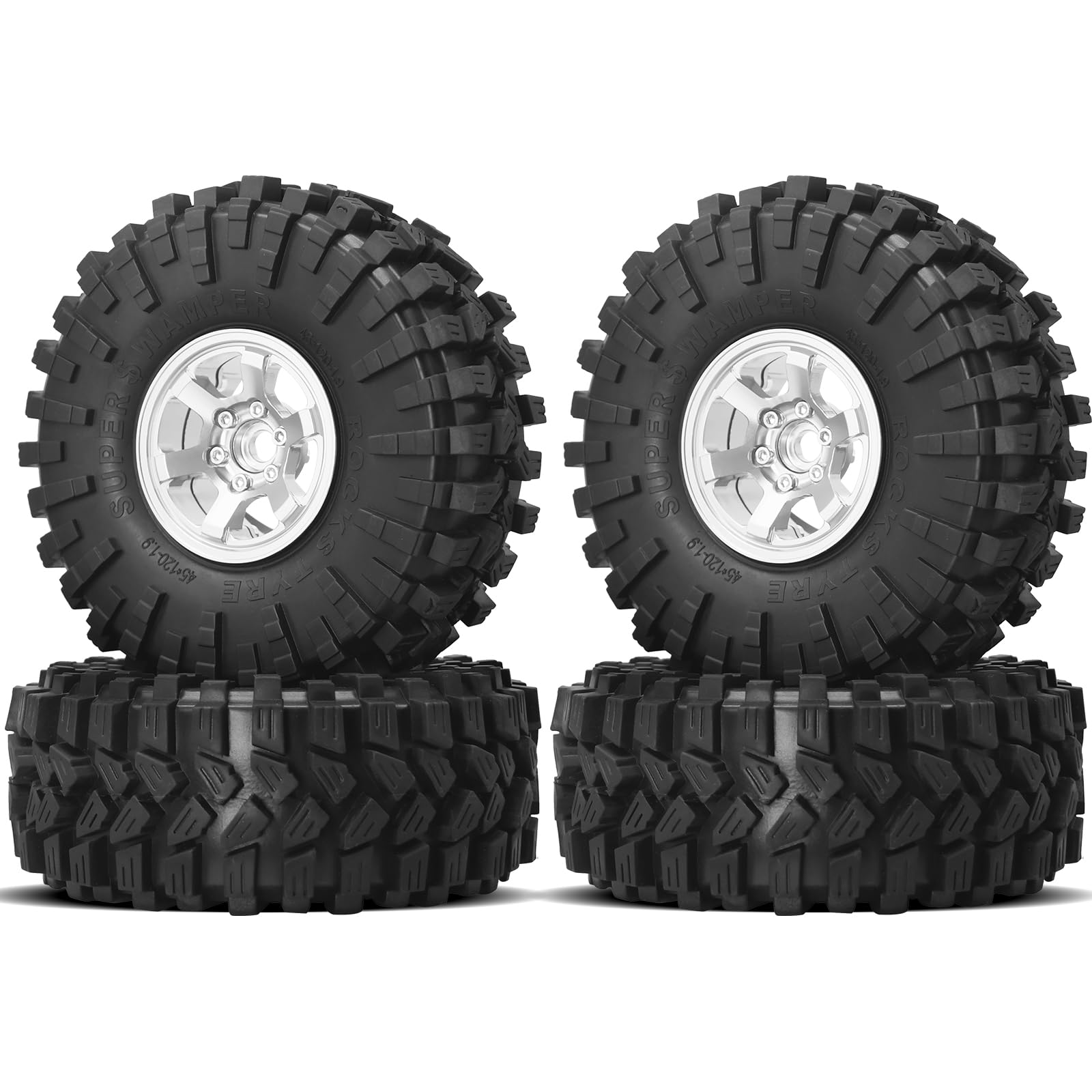 OGRC 1.9 Beadlock Wheel and Tires Mud Tires Set RC Crawler Tires for TRX4 TRX6 Axial SCX10 II III UTB18Redcat Gen8 Gen7 1/10 RC Crawler Car (Silver)