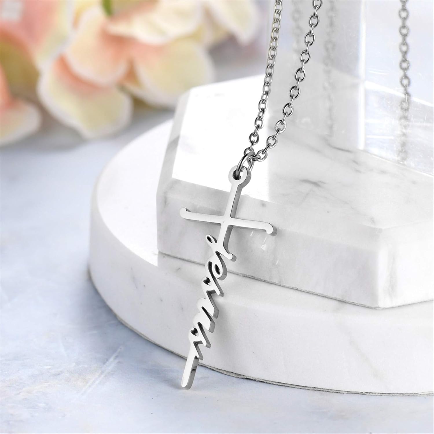 JewelryWe Faith Cross Necklace,Silver/Gold Tone Personalised Love Hope Believe Pendant Necklace Christian Religious Inspirational Jewelry for Women Girls - Image 4