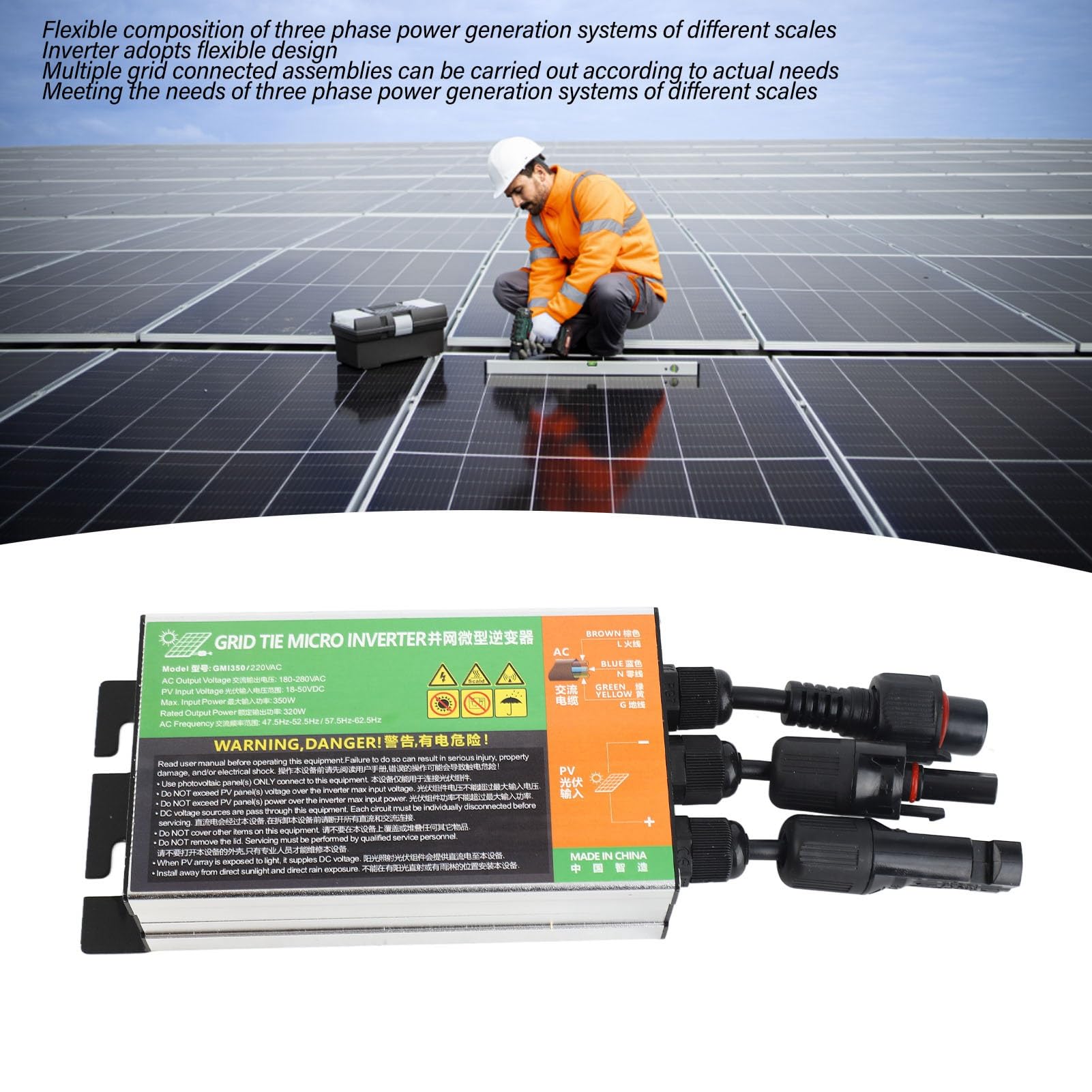 Inverter a Onda Sinusoidale Pura da 350 W, Inverter a Rete da 350 W in Lega di Alluminio AC 220 V con Protezione della Temperatura e della Tensione per la Produzione di Energia Fotovoltaica
