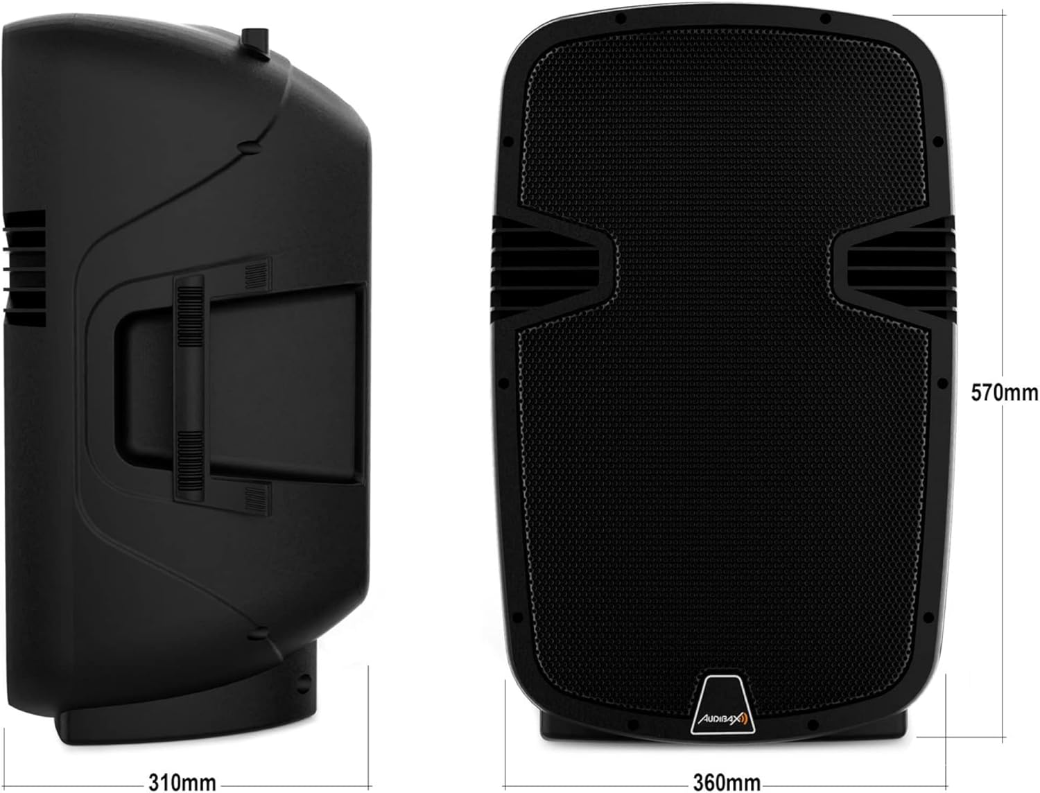 Dimensions of Audibax Arkansas 12 speaker: 360mm width, 570mm height, 310mm depth