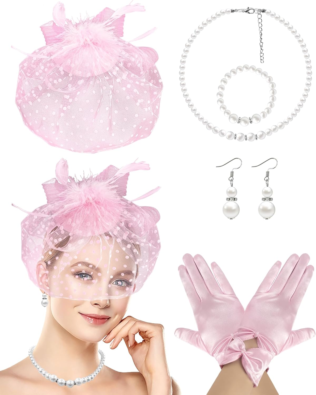 1920s Fascinators Hats for Women Funeral Veil Hat Feather Headband Lace Gloves Halloween Tea Party Wedding - Image 6