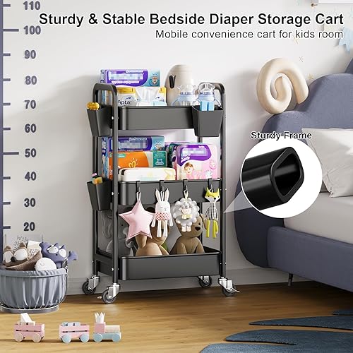 Miniatura 5 de Carrito rodante de 3 niveles con ruedas bloqueables, organizador de pañales de metal para artículos esenciales para bebés, carrito de almacenamiento