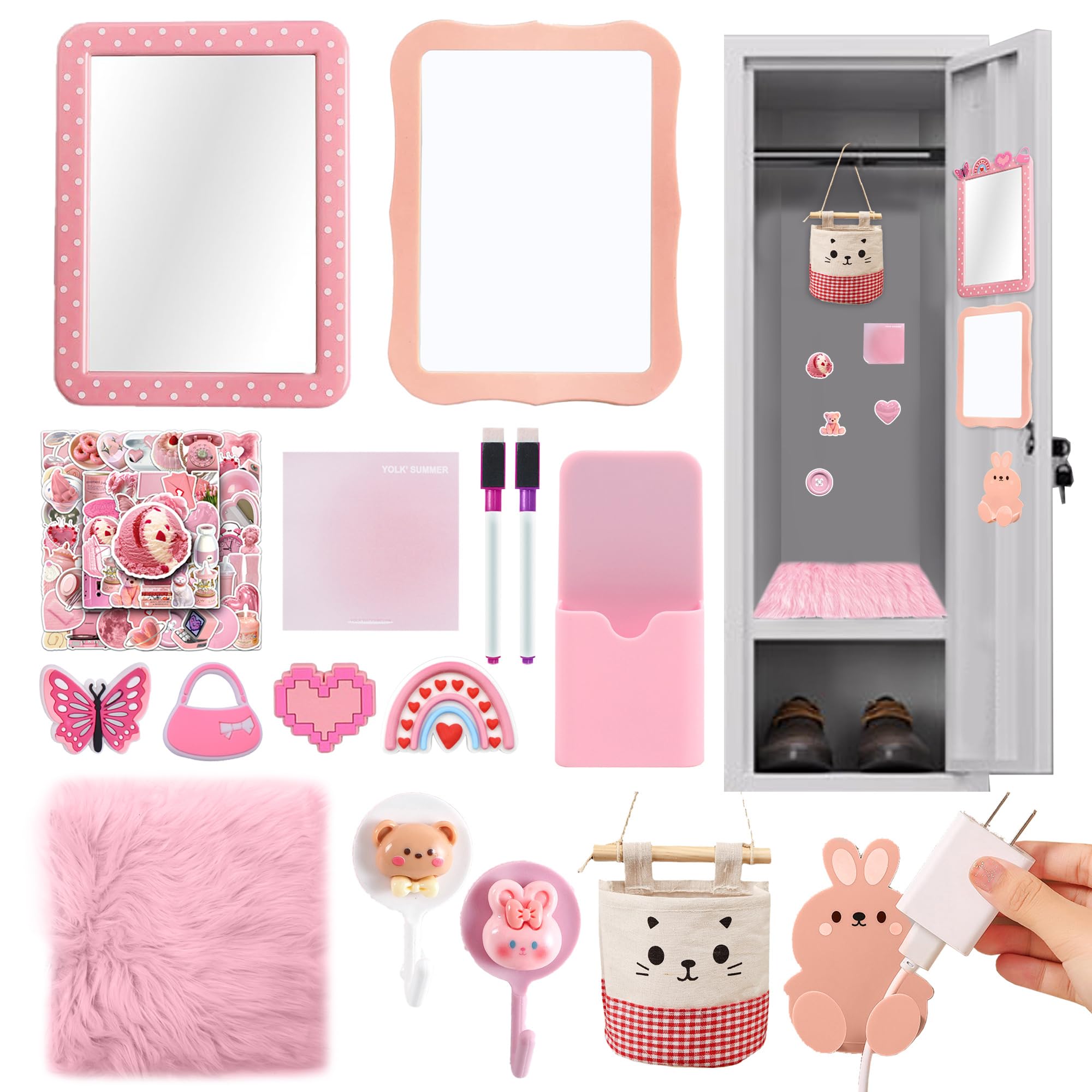 BANBALLON Locker Accessories Kits for Girls with Magnetic Whiteboard Locker Mirror Locker Rug and Pen Holder Back to School Essentials for Locker