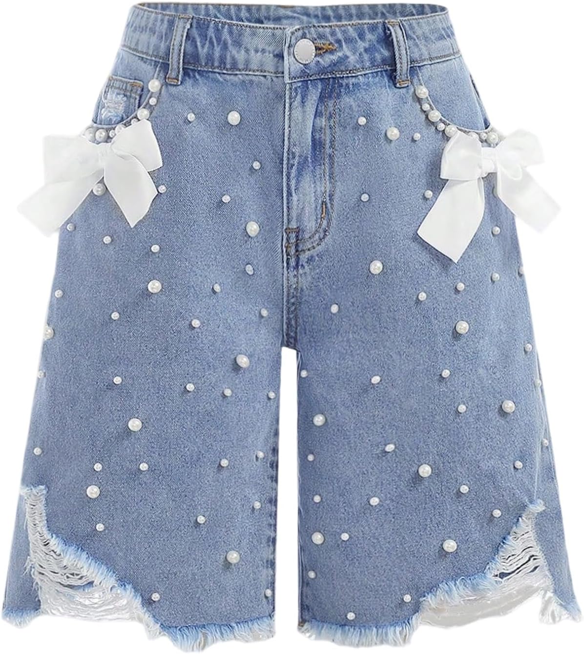 SweatyRocks Girl's Denim Shorts Baggy Y2K Bow Pearl Ripped Distressed Bermuda Jean Shorts