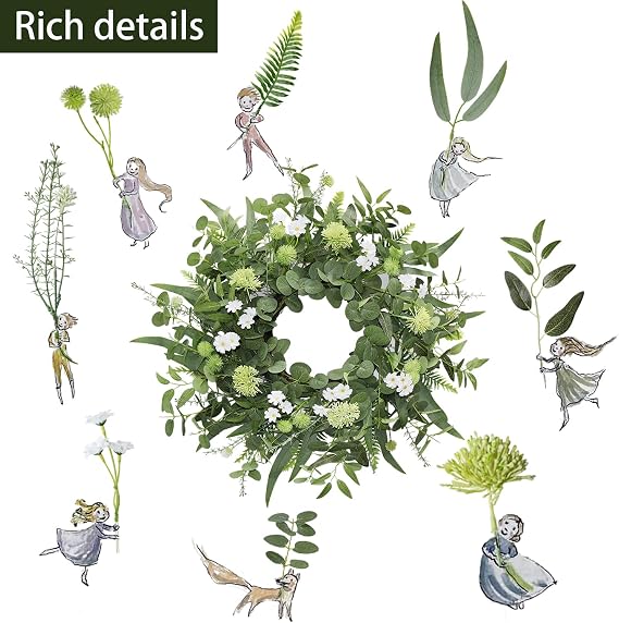 22-24 Green Eucalyptus Wreaths for Front Door with White Flowers Lifelike Spring, Summer, and Winter Wreath for Farmhouse Porch, Window, Door Decor
