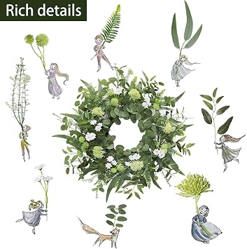 22-24 Green Eucalyptus Wreaths for Front Door with White Flowers Lifelike Spring, Summer, and Winter Wreath for Farmhouse Porch, Window, Door Decor