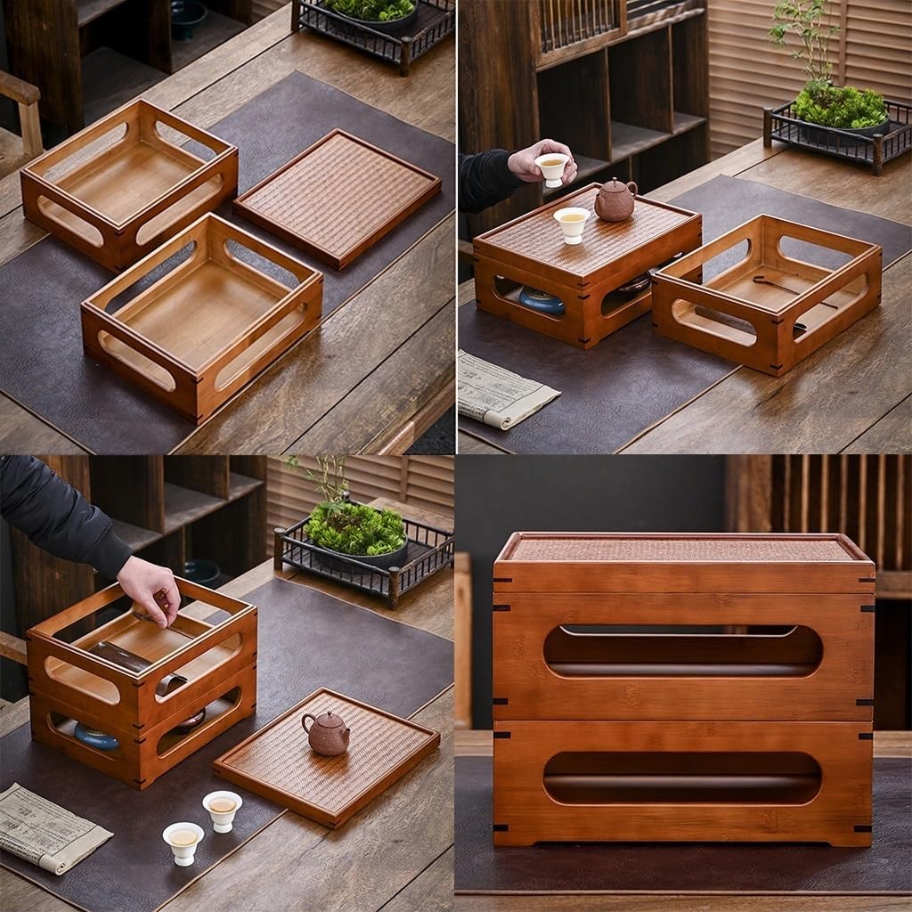 2 Tier Bamboo Coffee Table, Multi-Functional Storage Organizer, Chinese Tea Tray, Stackable Solid Wood Storage Bins with Lids, Double Layer Large Capacity Design