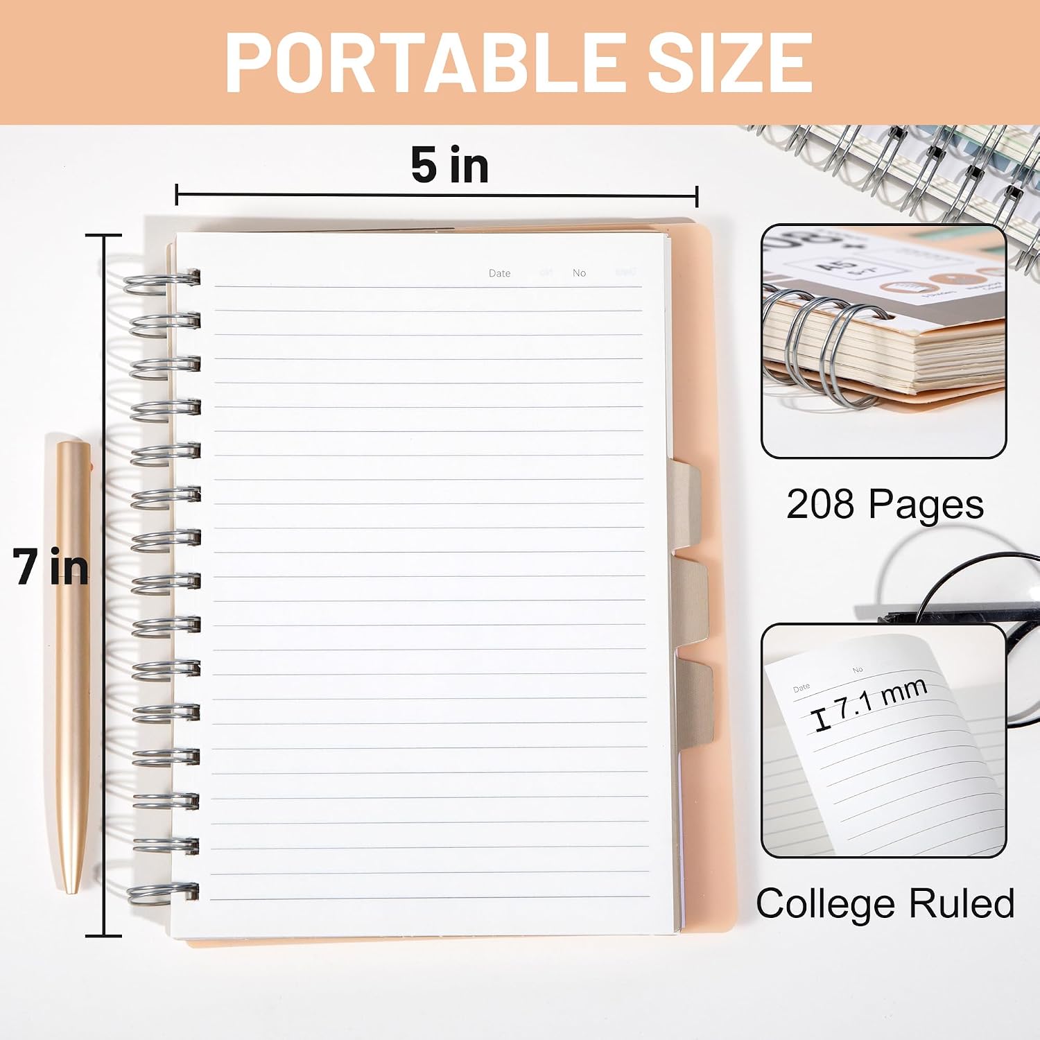 5 Subject Spiral Notebook College Ruled with Dividers & Tabs,5x7,Orange image 5