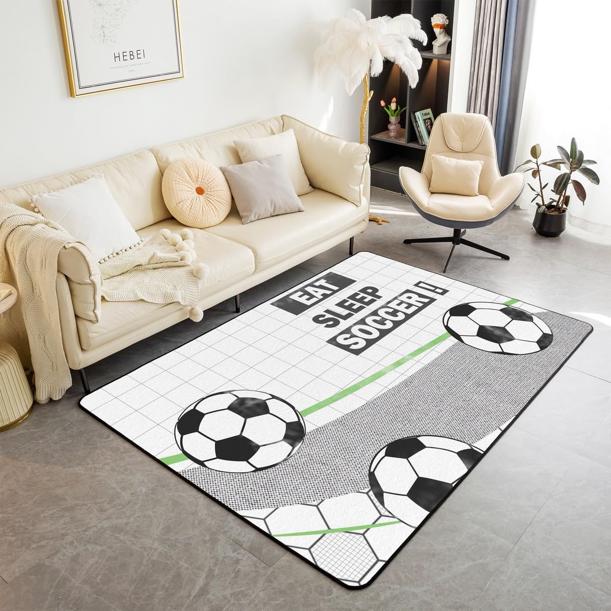 Erosebridal Football Decorative Accent Rug 5X7,White Blue Soccer Area Rug for Teens Youth Boys Kids,Football Field Decorative Rug Sports Ball Games Theme Living Room Rugs,Non Shedding