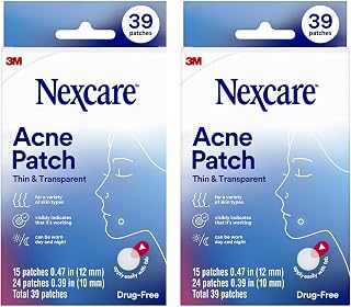 Nexcare Thin and Transparent Acne Patch, Skin Cover Absorbs Pus and Oil from Clogged Pores, Made with hydrocolloid, tab Allows for Easy Removal from Liner - 39 Pimple Patches, 2-Pack