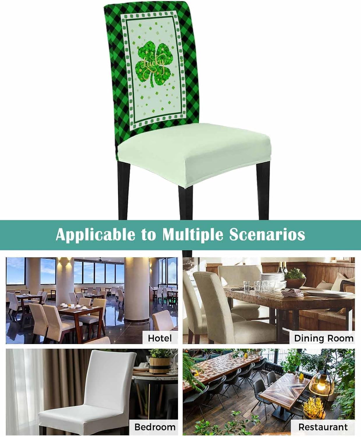 Dining Chair Slipcover, St. Patrick's Day Lucky Shamrock Green Black Plaid Stretch Kitchen Chair Covers Removable Parsons Chair Protector Covers for Dining Room Banquet Party, Set of 4