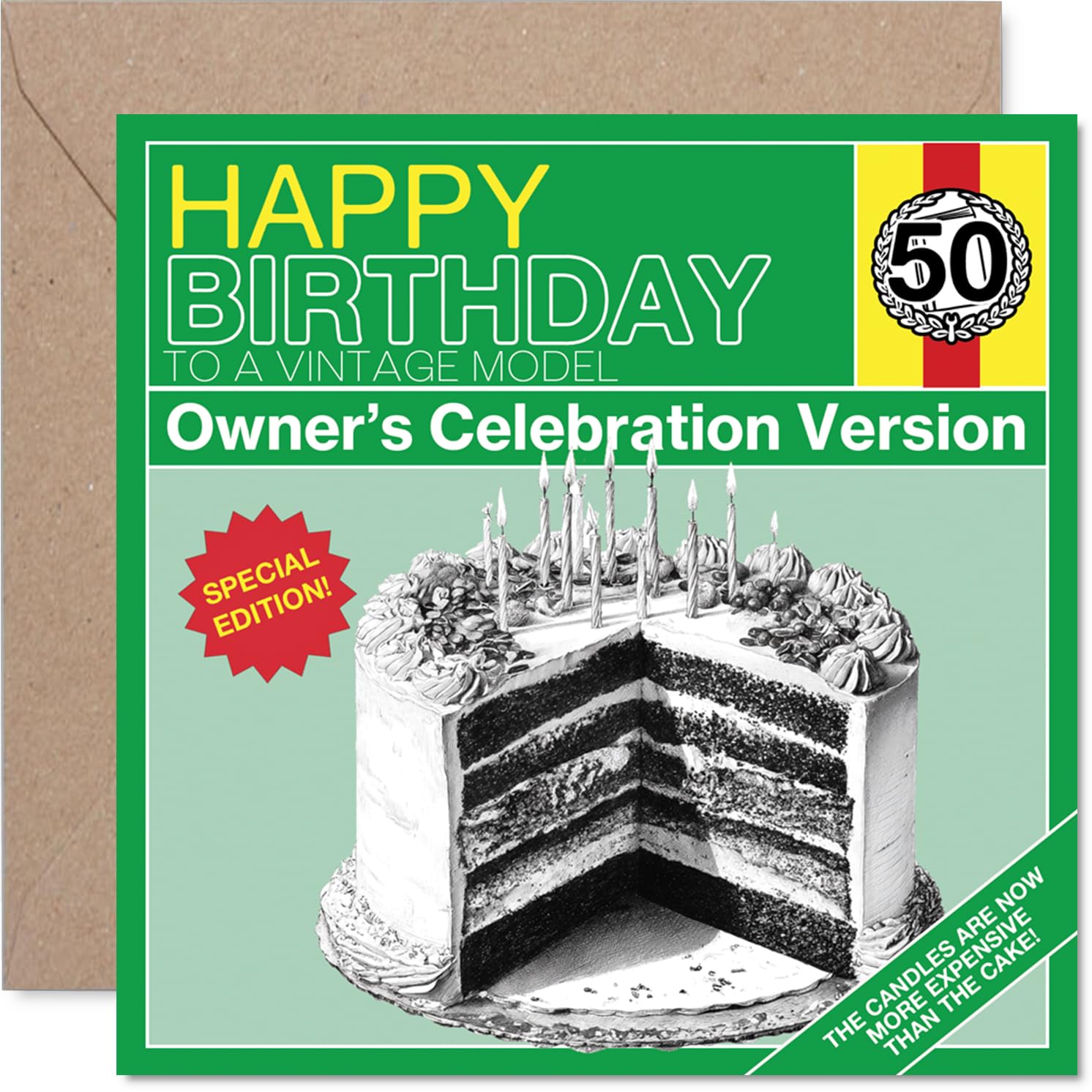 Funny 50th Birthday Card - Aged to Perfection and Still a Classic - Vintage Cake Design with Witty Candle Gag - 145mm Square, Envelope Included