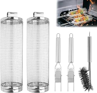 Set 2 Cestello Rotolabile per Barbecue, Manico Rimovibile - Rete in Acciaio Inox, Accessorio BBQ con Spazzola per Pulizia,Regalo Uomo Compleanno(V1)