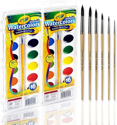 Juego de pintura de acuarela, 2 paquetes de 16 colores vivos de acuarela y 6 pinceles para niños, juego de suministros de acuarela, paquete de