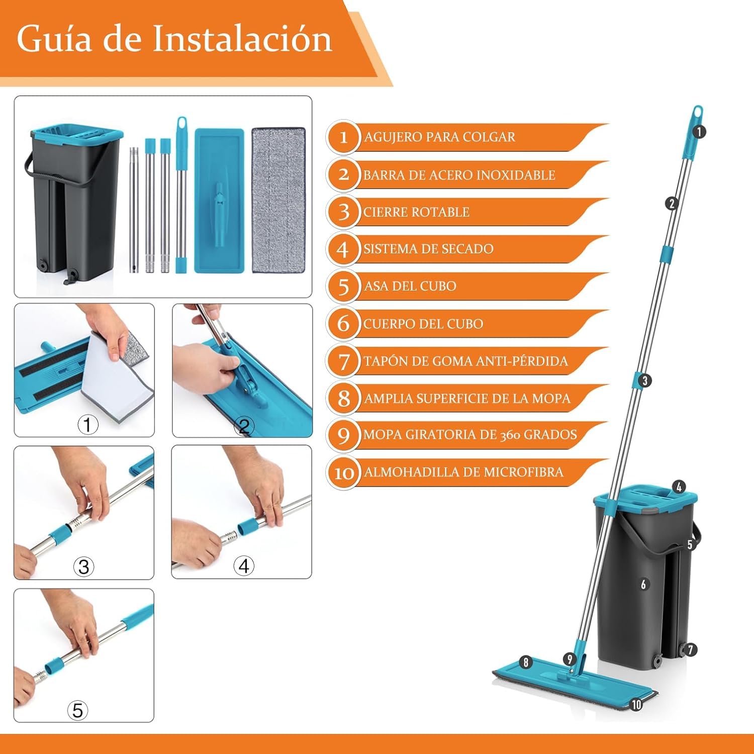 Mopa para Limpiar Azulejos y Paredes Mopa Fregona con Cubo Escurridor Fregona Autoescurrible Mopas de Limpieza Suelos Cepillo Esfregona 6 Almohadillas Microfibra Limpiador y Atrapapolvo Mop (Azul)