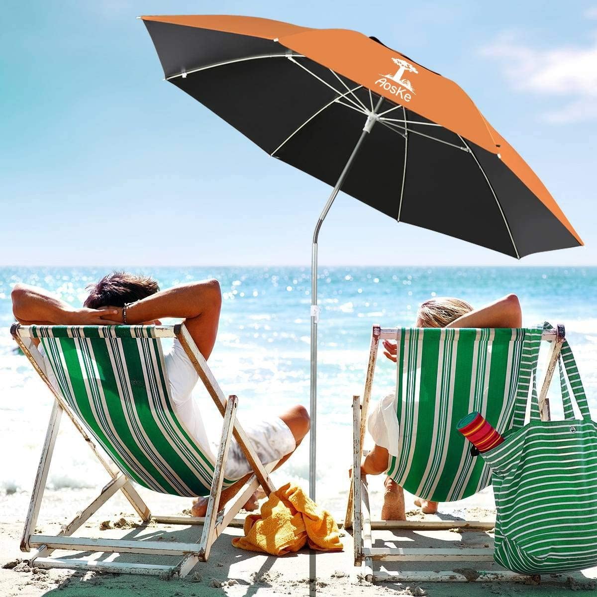 AosKe Beach Umbrella UV 50+,Umbrella with Sand Anchor & Tilt Aluminum