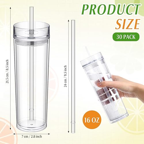 Miniatura 8 de Hoolerry 30 vasos delgados de acrílico de 16 onzas con tapas y pajitas, vaso de plástico de doble pared, vasos delgados de plástico a granel para