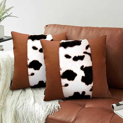 Miniatura 2 de Juego de 2 fundas de almohada de piel sintética con cuero, fundas de almohada decorativas de felpa suave y esponjosa para sala de estar, sofá y