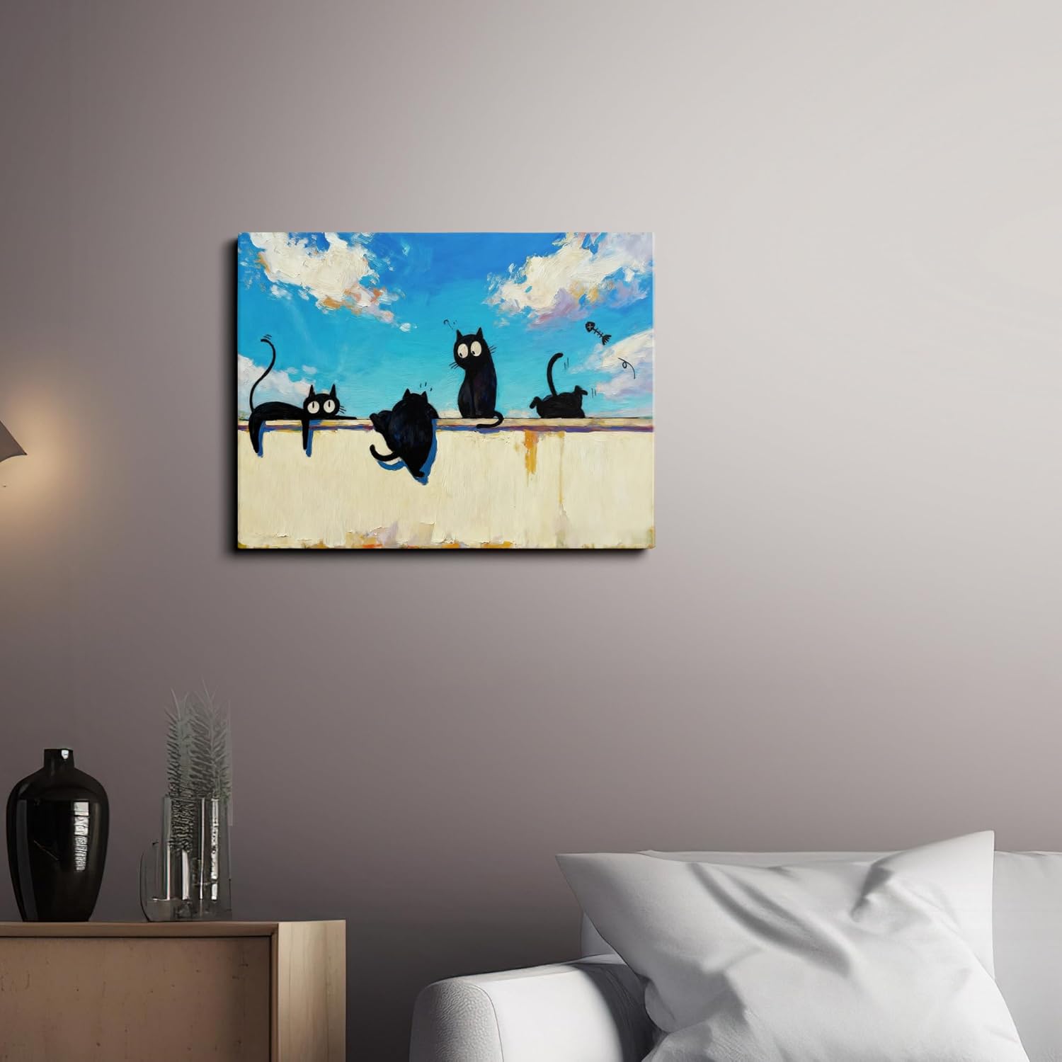 TimAsh Framed Cat Wall Art Print, Four Black Cats on a Wall, Whimsical Animal Painting, Colorful Sky Background Home Decor, Ready-to-Hang Kitty Art for Living Room & Bedroom 12" x 16"