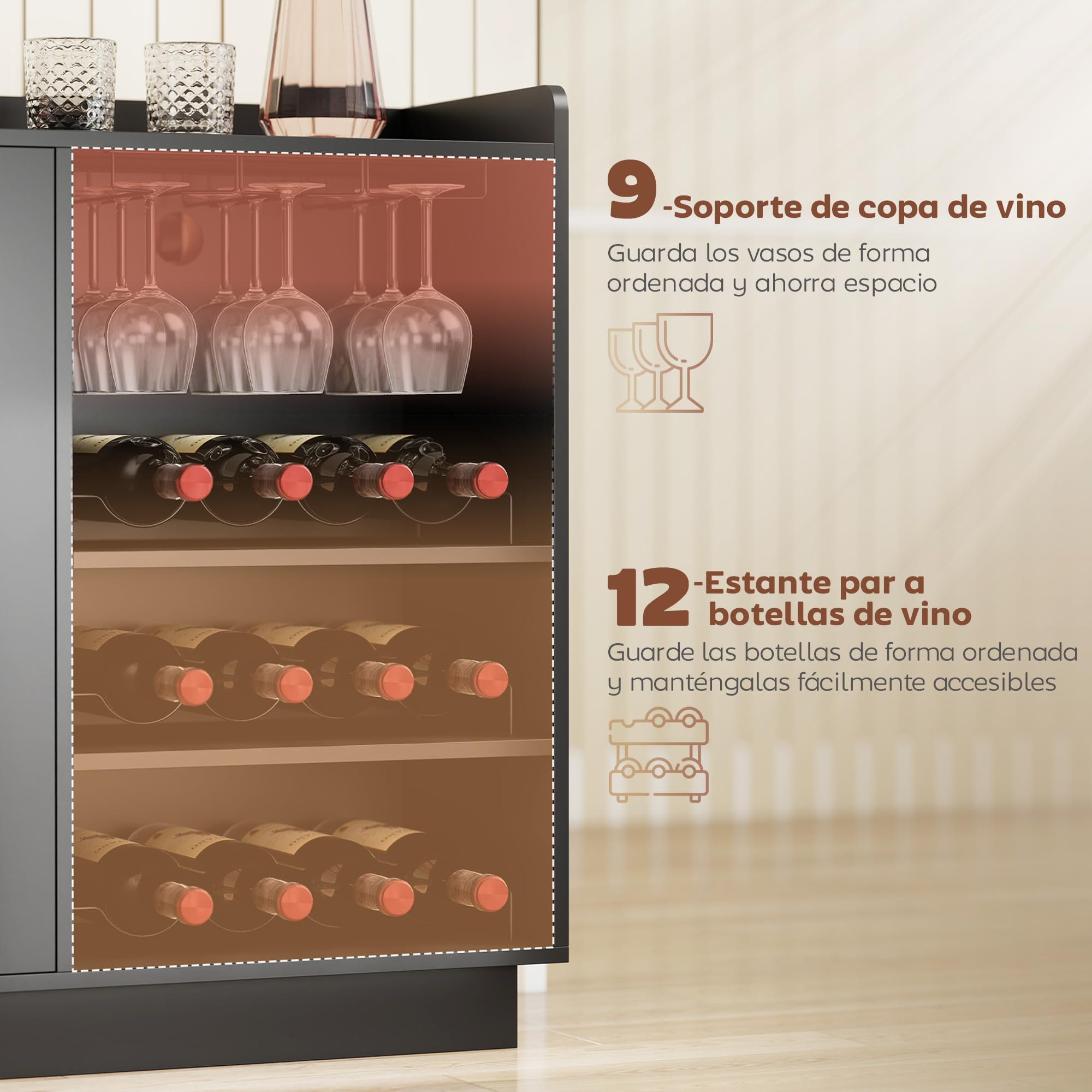 HOMCOM Mueble de Bar, Armario Buffet para Vinos con Luces LED RGB y Botellero para 12 Botellas, Aparador de Cocina con Estante Ajustable y Puertas de Cierre Suave, para Comedor, Salón, Negro