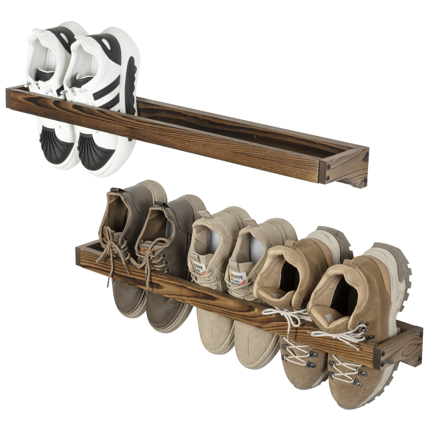 MyGift 30 Inch Rustic Burnt Solid Wood Hanging Shoe Rack, Wall Mounted Storage Organizer Footwear Holder for Closet, Mudroom, Entryway, Holds 6 Pairs, Set of 2